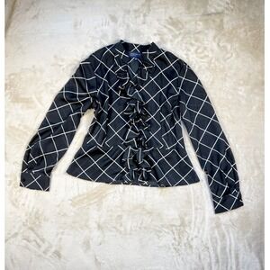 Jones New York Signature Petite Blouse Black White Grid Ruffle Peplum Top PM